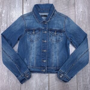 prAna Denim Jacket Womens XS Blue Ornate Button Trucker Distressed Jean Jacket